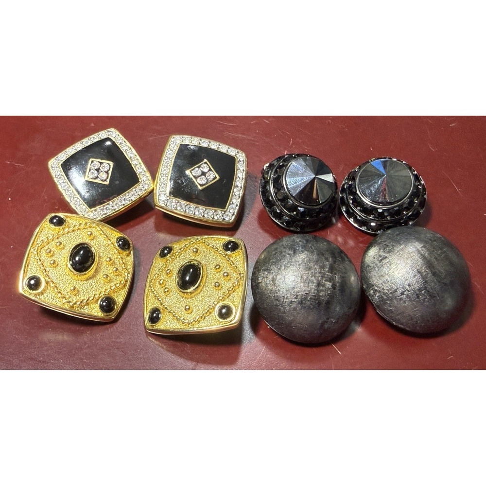Jewelry Lot‎ Clip Earrings Signed Vtg Black Cabs Rhinestones Gold Tone
